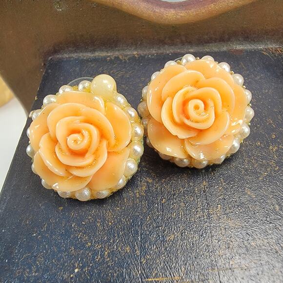 Peach Rose Stud Earrings with Pearl Border, Vintage Floral Statement Jewelry - Picture 2 of 10